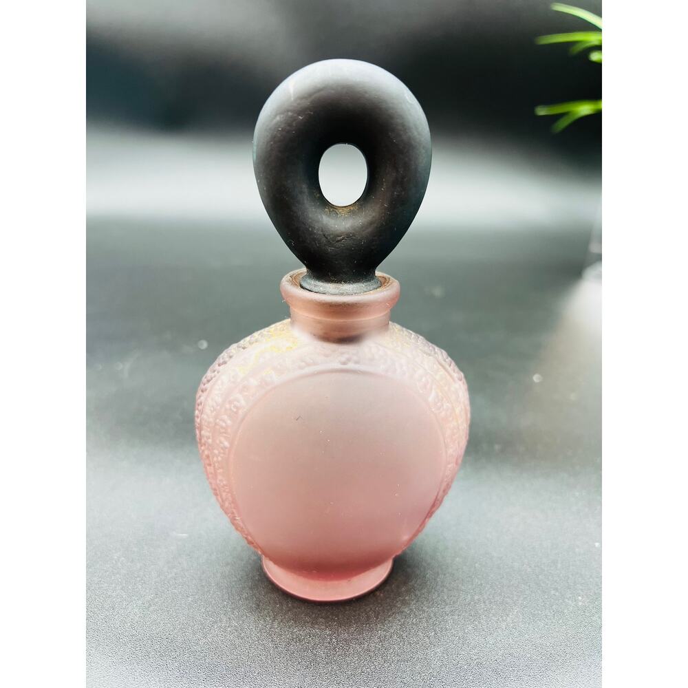Perfume Bottle. Mauve Pink Satin Glass Black Stopper 3"